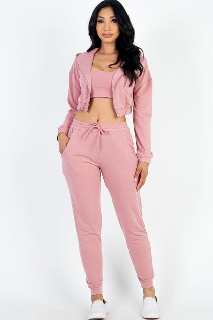 Zip-Up Jacket and Joggers Set with Cropped Cami in French Terry Fabric