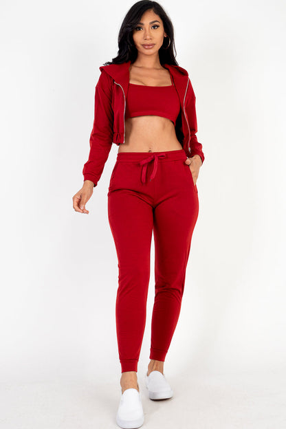 Zip-Up Jacket and Joggers Set with Cropped Cami in French Terry Fabric