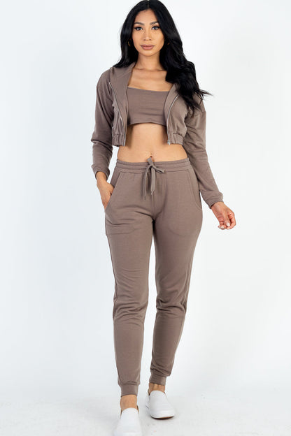 Zip-Up Jacket and Joggers Set with Cropped Cami in French Terry Fabric