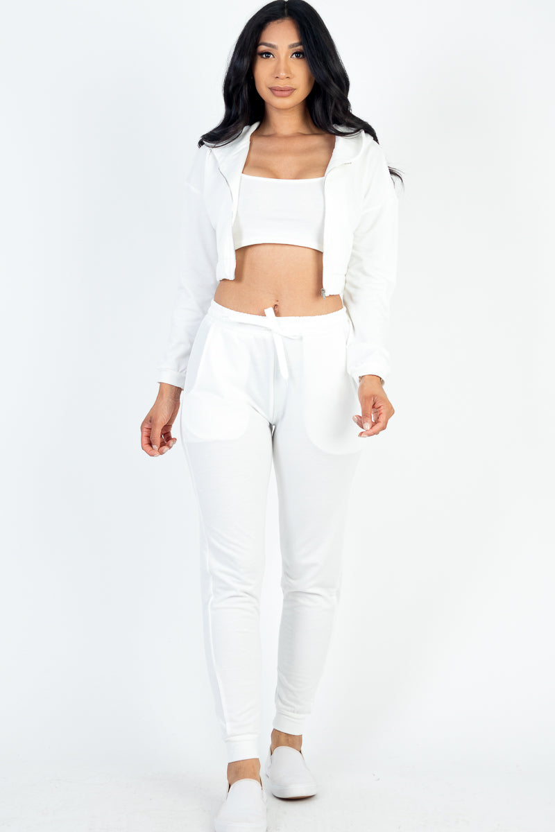 Zip-Up Jacket and Joggers Set with Cropped Cami in French Terry Fabric