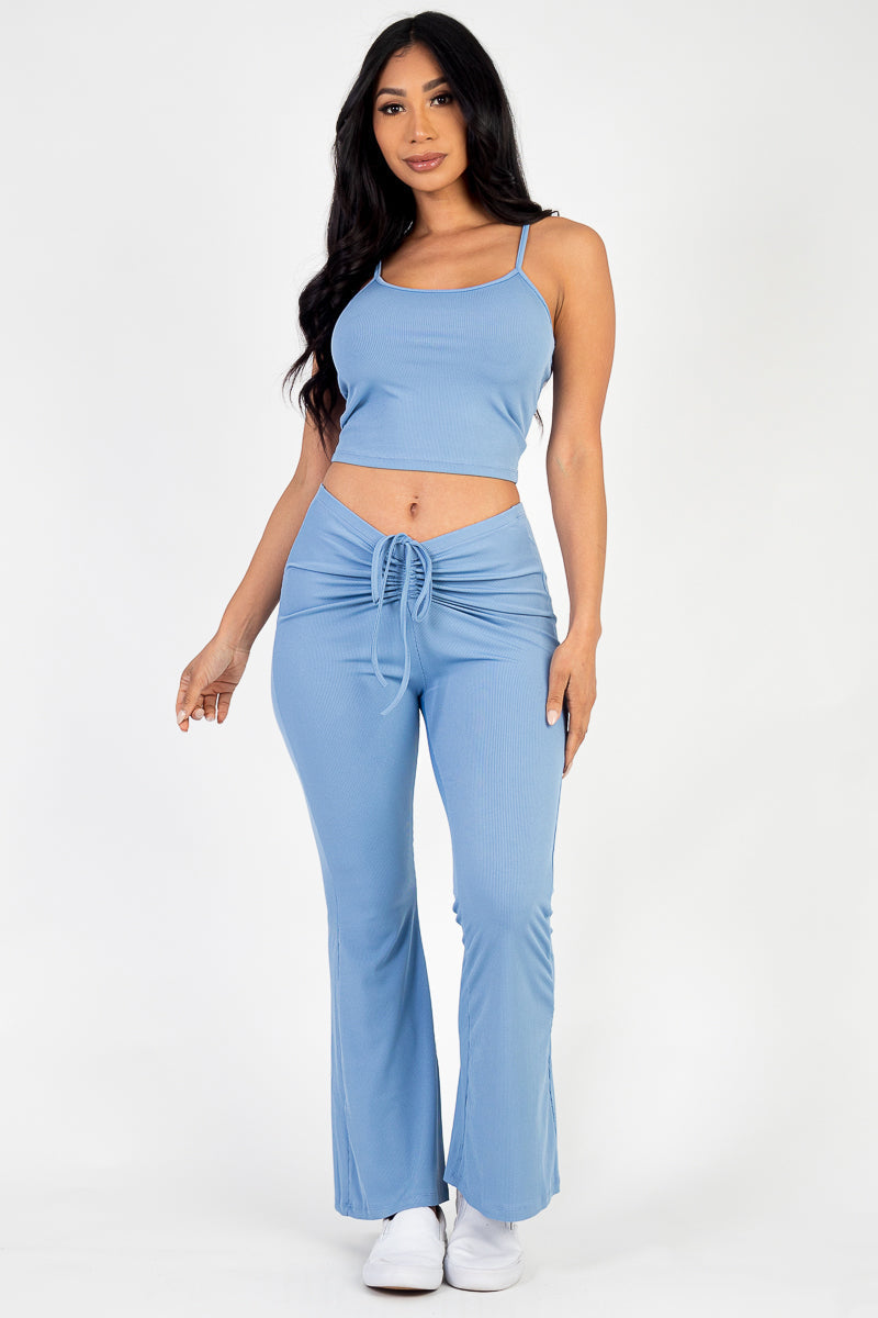 Ribbed Cami Top and Flared Pants Set with Ruched Drawstring