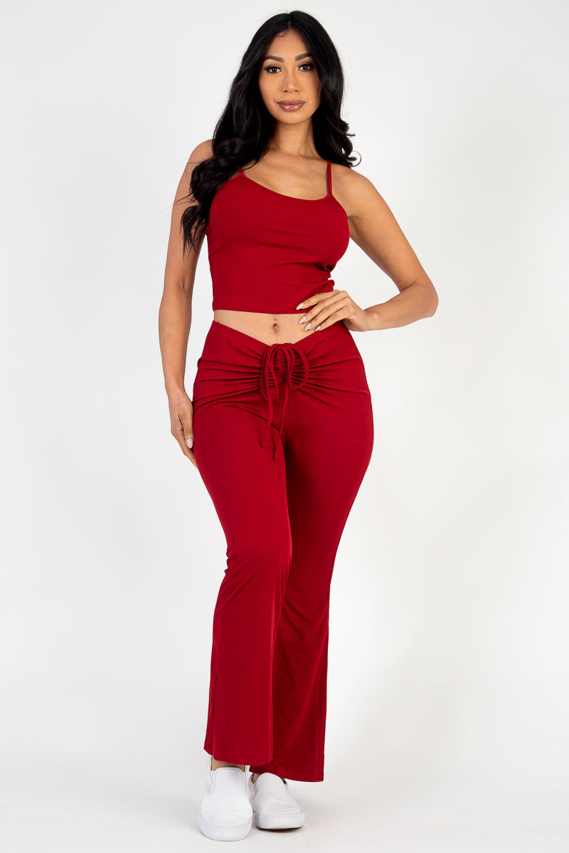 Ribbed Cami Top and Flared Pants Set with Ruched Drawstring