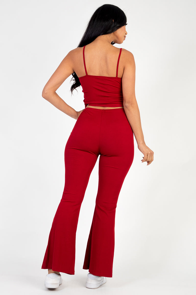 Ribbed Cami Top and Flared Pants Set with Ruched Drawstring