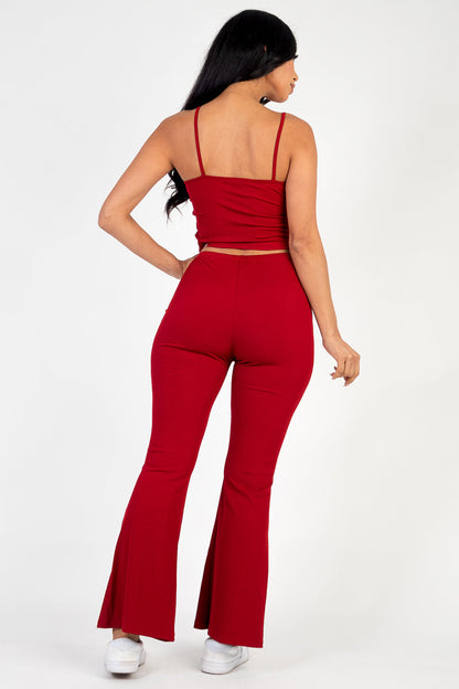 Ribbed Cami Top and Flared Pants Set with Ruched Drawstring