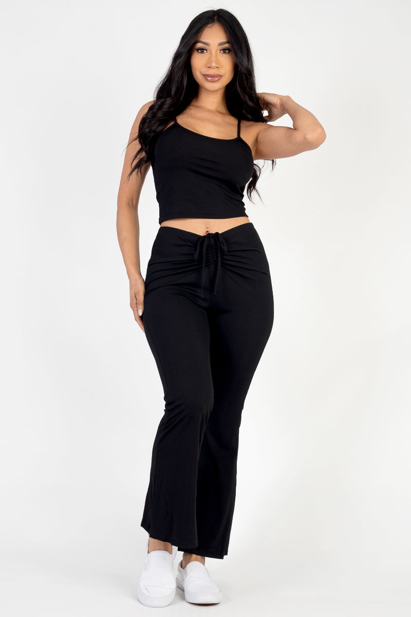 Ribbed Cami Top and Flared Pants Set with Ruched Drawstring