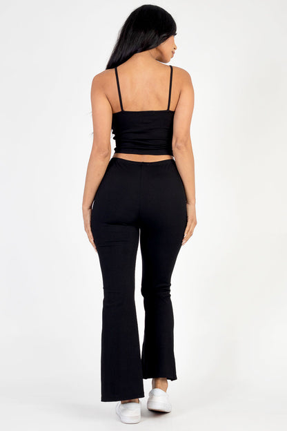Ribbed Cami Top and Flared Pants Set with Ruched Drawstring
