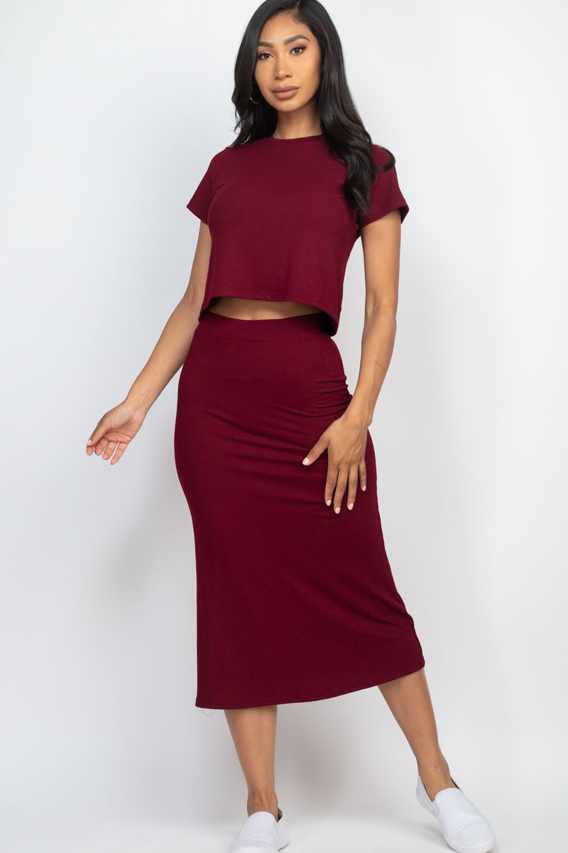 Ribbed Top with Short Sleeves and Midi Skirt Set