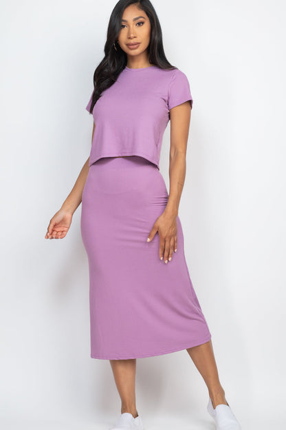 Ribbed Top with Short Sleeves and Midi Skirt Set