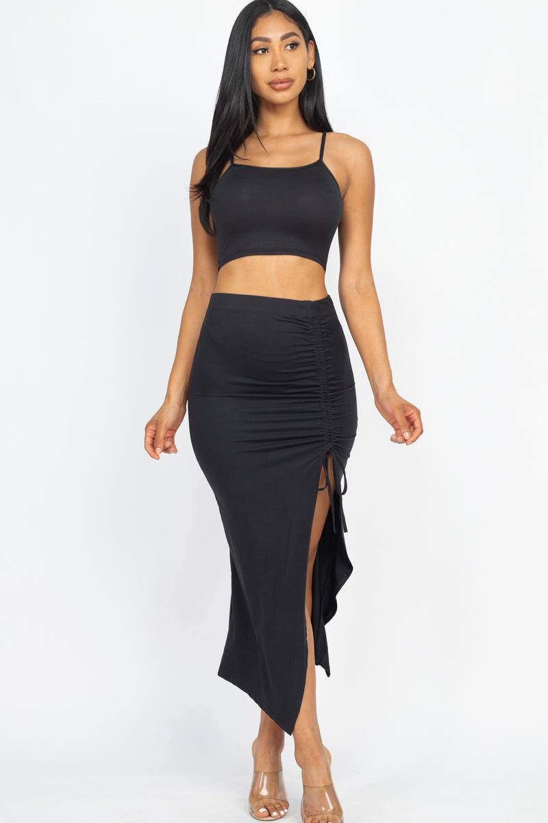 Midi Skirt Set with Cami Crop Top and Ruched Side Split Hem