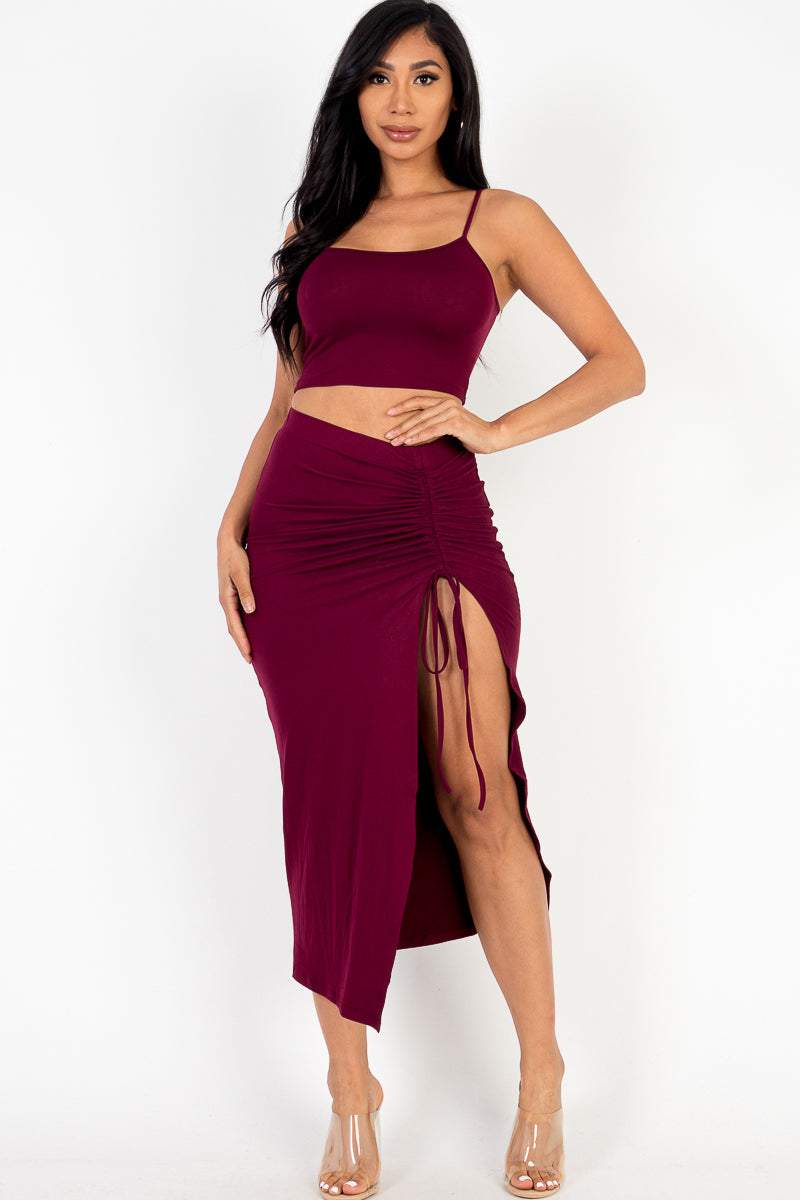 Midi Skirt Set with Cami Crop Top and Ruched Side Split Hem