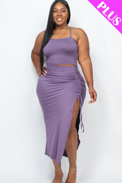 Cami Crop Top and Ruched Side Split Hem Midi Skirt Set in Plus Size