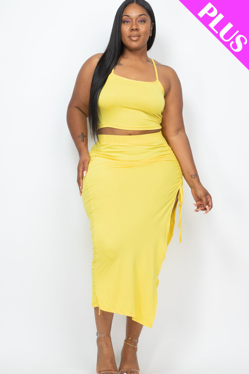 Cami Crop Top and Ruched Side Split Hem Midi Skirt Set in Plus Size