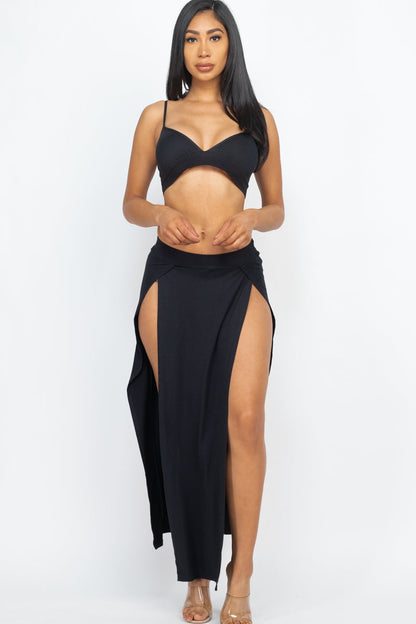 Convertible Crop Top with Side-Slit Maxi Skirt