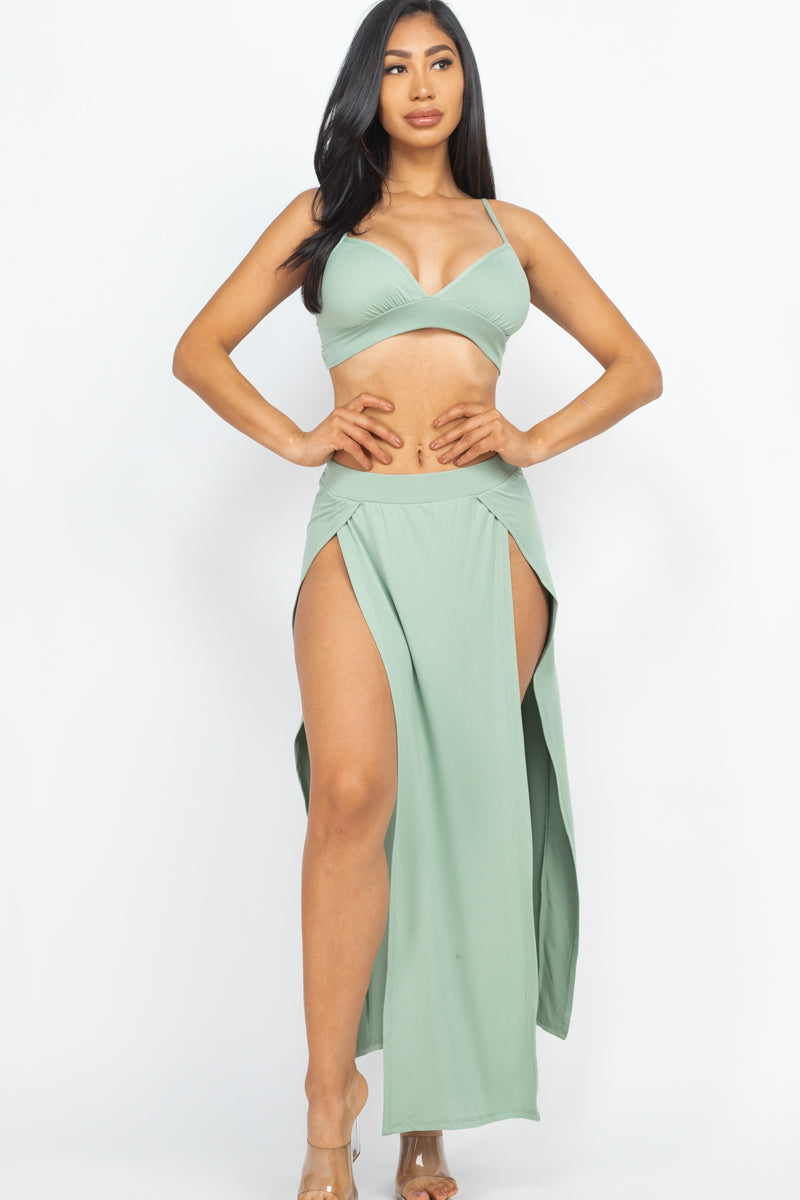 Convertible Crop Top with Side-Slit Maxi Skirt