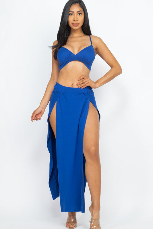 Convertible Crop Top with Side-Slit Maxi Skirt