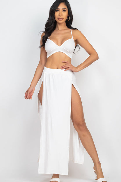 Convertible Crop Top with Side-Slit Maxi Skirt