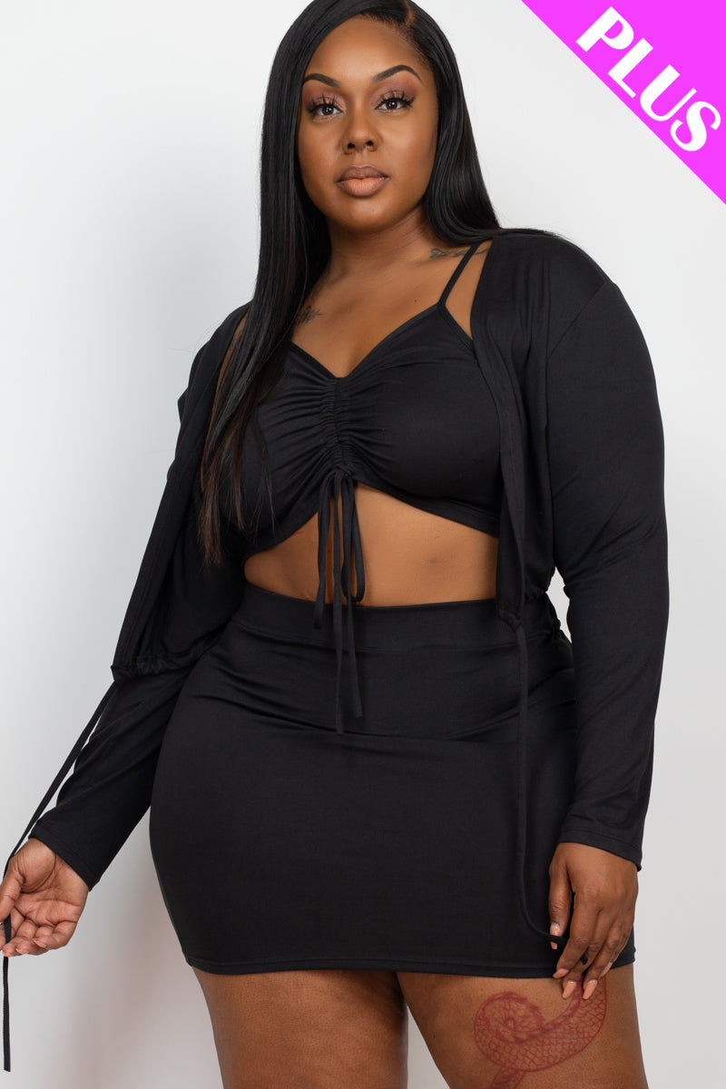 Plus Size Ruched Cami Top and Mini Skirt Set with Drawstring and Cardigan