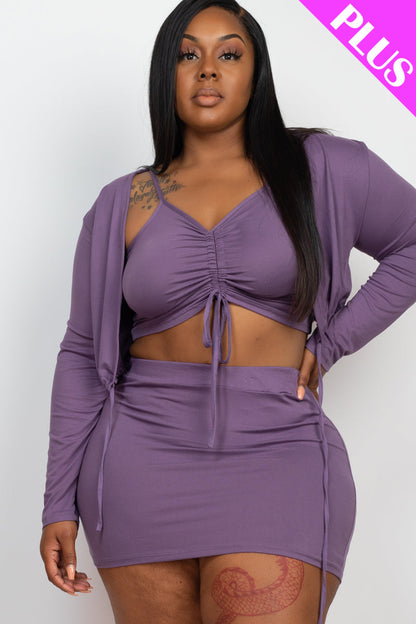 Plus Size Ruched Cami Top and Mini Skirt Set with Drawstring and Cardigan