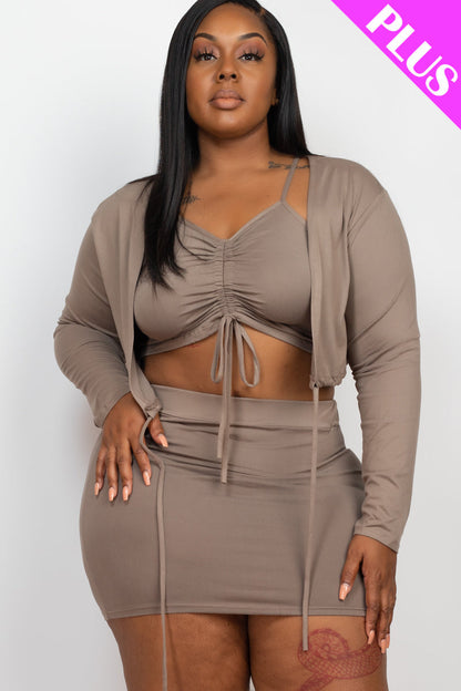 Plus Size Ruched Cami Top and Mini Skirt Set with Drawstring and Cardigan