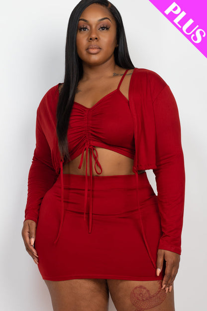 Plus Size Ruched Cami Top and Mini Skirt Set with Drawstring and Cardigan