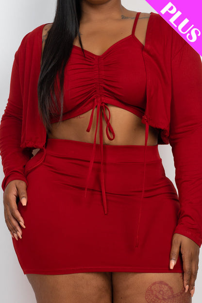 Plus Size Ruched Cami Top and Mini Skirt Set with Drawstring and Cardigan