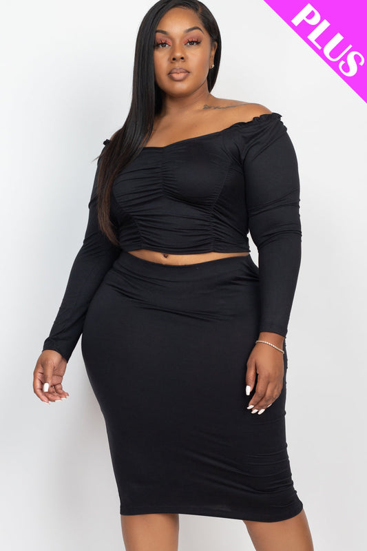 Plus Size Long Sleeve Top and Pencil Skirt Set with Ruched Detail