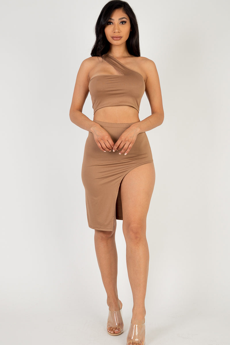 Glamorous One-Shoulder Crop Top and Thigh-Split Midi Skirt Set