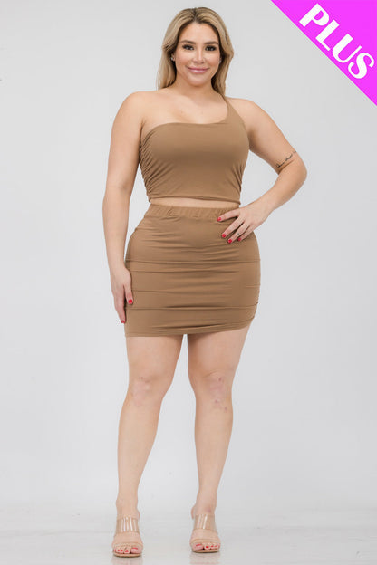 One-Shoulder Ruched Crop Top & Mini Skirt Set in Plus Size