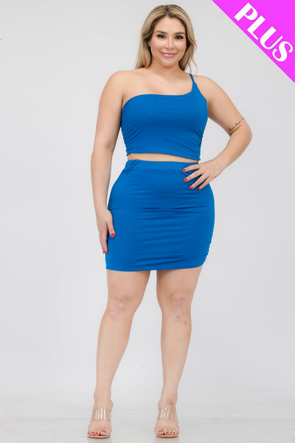 One-Shoulder Ruched Crop Top & Mini Skirt Set in Plus Size