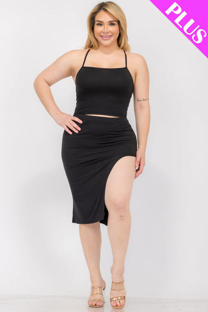 Plus Size Solid Color Cami Crop Top with Crisscross Back and Split Thigh Midi Skirt Set