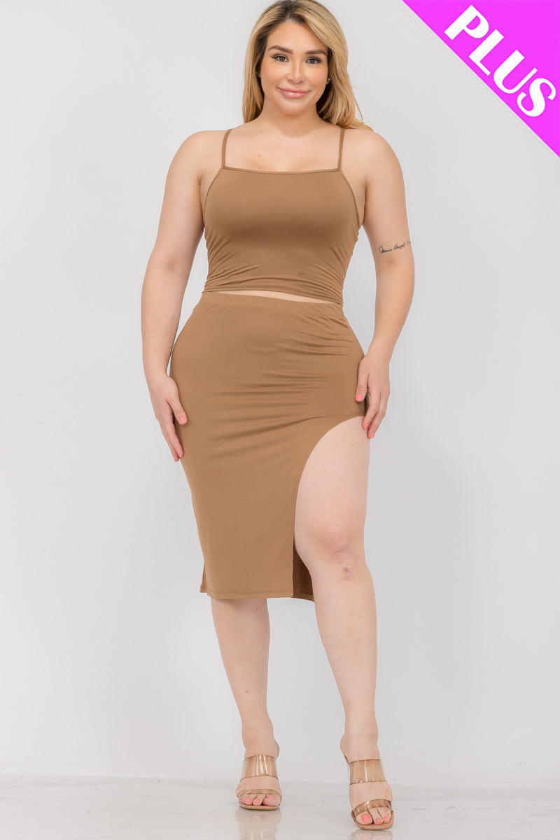 Plus Size Solid Color Cami Crop Top with Crisscross Back and Split Thigh Midi Skirt Set