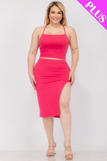 Plus Size Solid Color Cami Crop Top with Crisscross Back and Split Thigh Midi Skirt Set