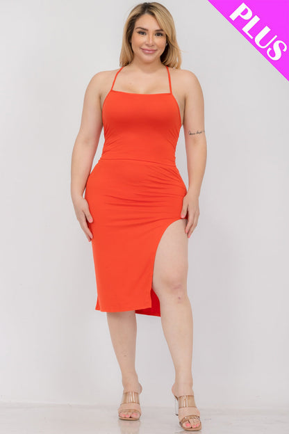 Plus Size Solid Color Cami Crop Top with Crisscross Back and Split Thigh Midi Skirt Set