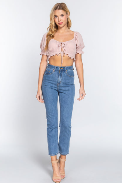 Short Slv Print Crop Woven Top