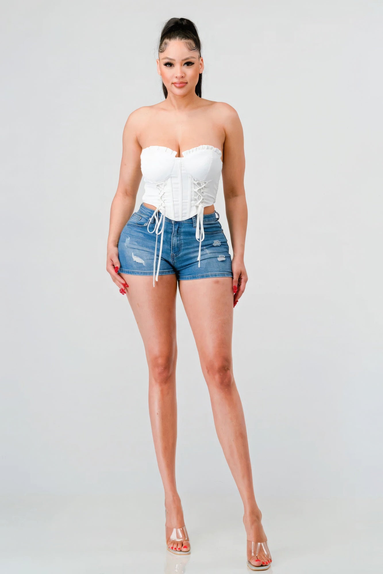 Luxe sweetheart ruffled drawstring lace bustier top