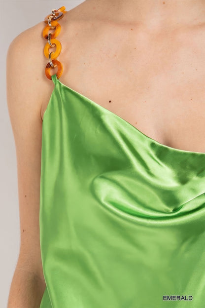 Cowl neck satin camisole with chain strap