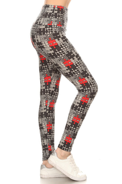 5-inch Long Yoga Style Banded Lined Puzzle Printed Knit Legging With High Waist