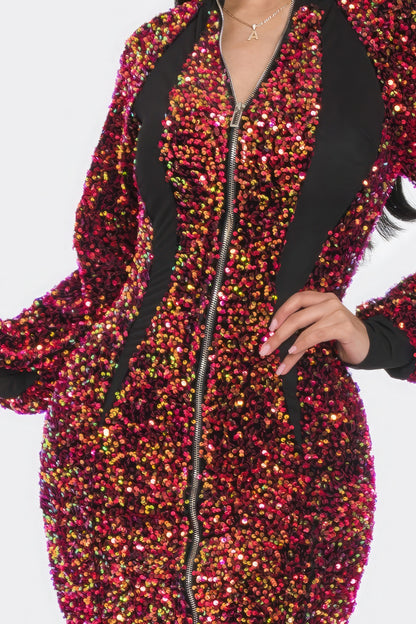 Midi 2 Way Zip Up Sequin Contrast Dress