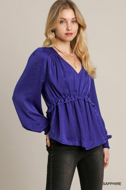 Satin V-neck Ruffle Baby Doll Top With Cuffed Long Sleeve