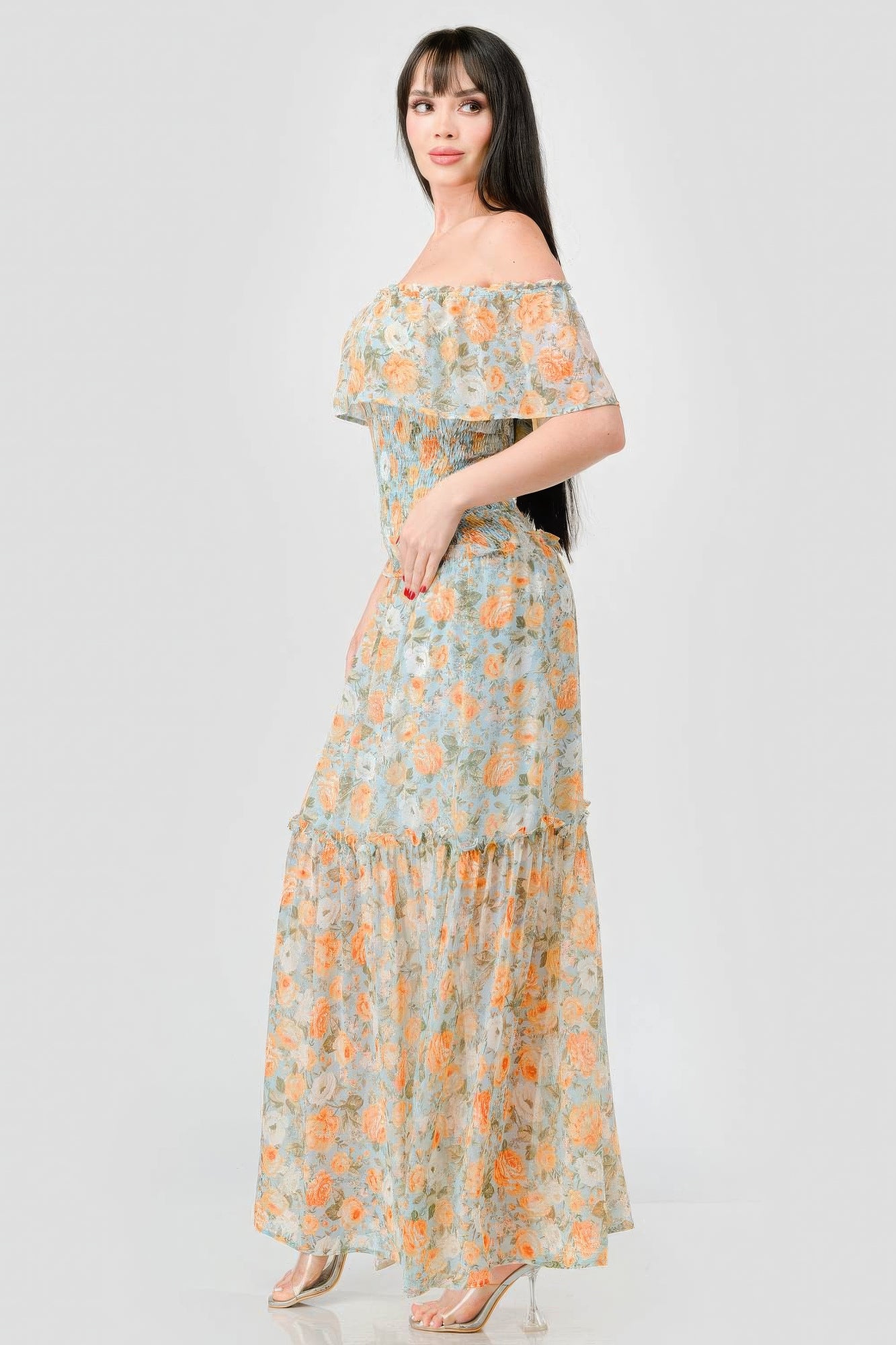 Floral Chiffon Off Shoulder Smocked Back Ruffled Tiered Maxi Dress