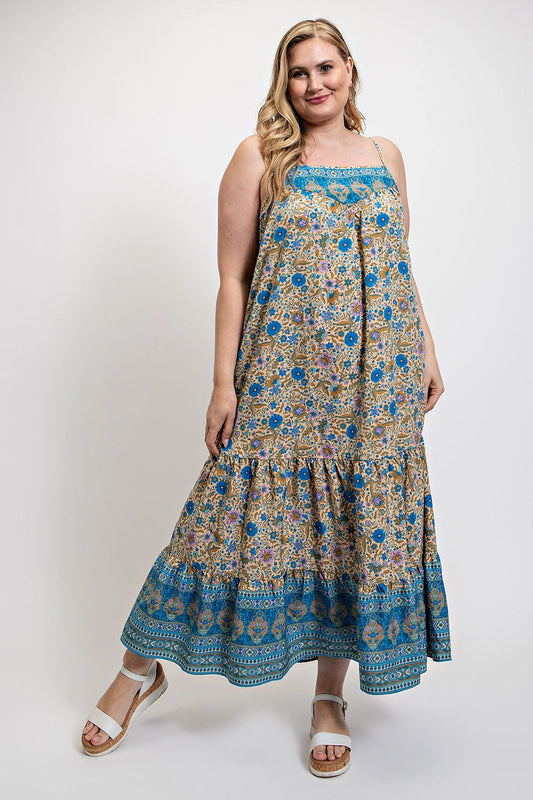 Floral And Print Drop Down Maxi Dress With Spaghetti Strap