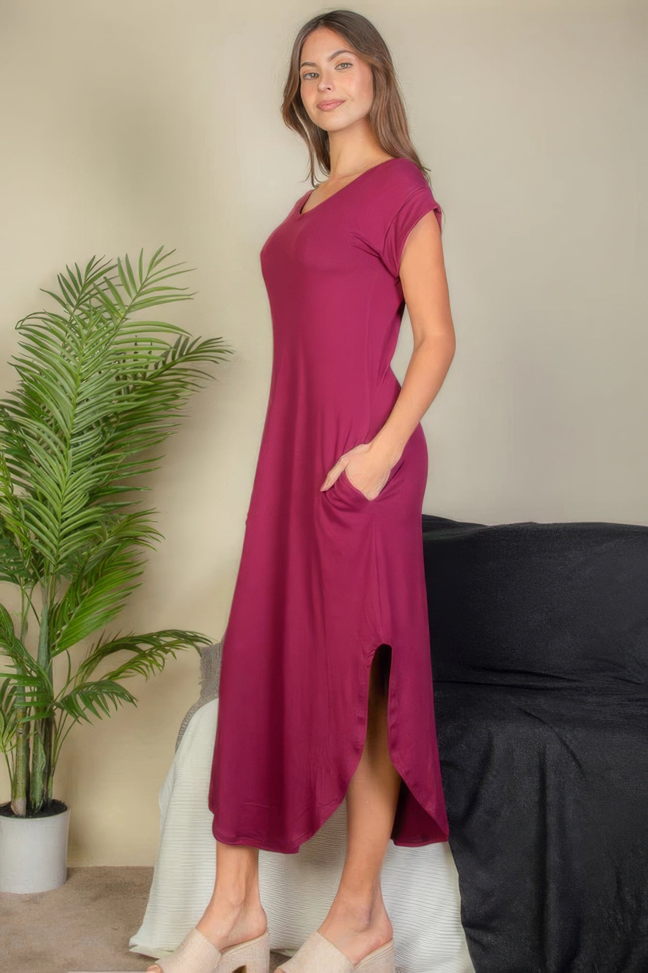 Hidden Pocket Batwing Sleeve V Neck Long Dress