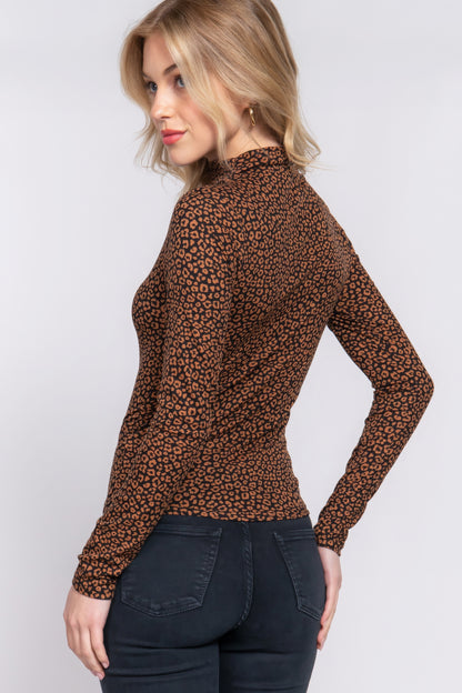 Long Slv High Neck Animal Print Knit Top