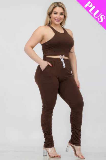 Plus Size Crop Tank Top & Ruched Pants Set