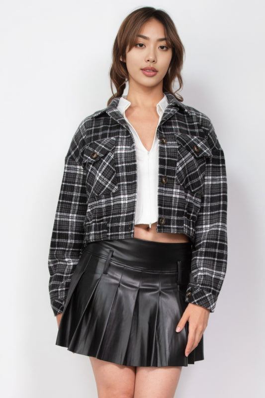 Plaid Button-down Crop Jacket