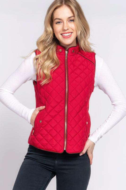 Suede Piping Quilted Padding Vest