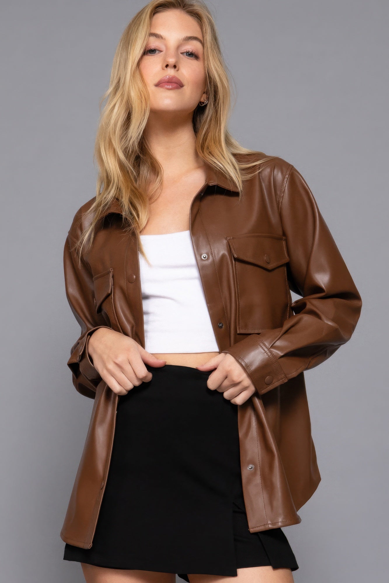 Long Slv Faux Leather Shacket