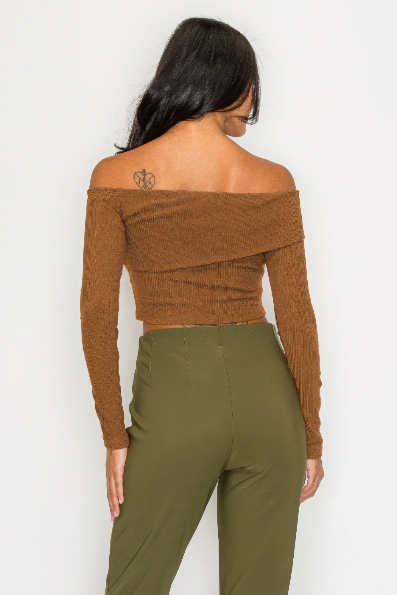 Bardot ribbed long sleeve crop top