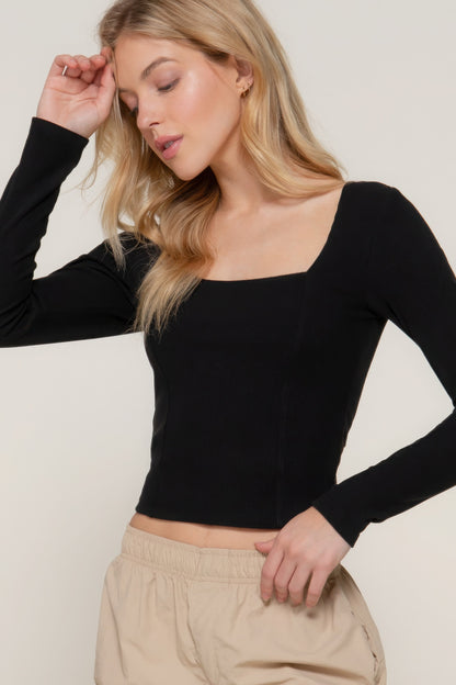 Long slv sweetheart neck seam detail knit top