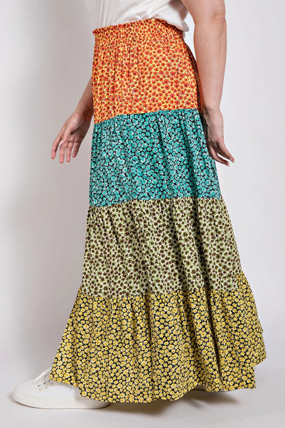 Ditsy floral color block skirt with front slit